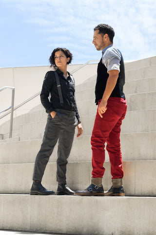 Mandahla and Akhani wearing the Black Dress Boot and Navy Blue Monk Boots