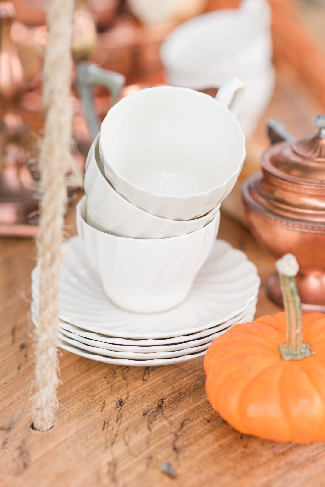 vintage coffee cups and small pumpkins