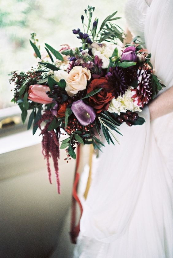 DEEP PURPLE, BURGUNDY, GOLD AND IVORY FLORAL BRIDAL BOUQUET