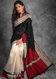 Exclusive sambalpuri ikat & kantha embroidered border with chanderi pleats combination saree
