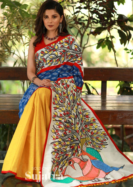 Exclusive Gond tribal art painted saree with ikat & handloom cotton pleats - Sujatra
