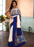 White french crepe saree with hand painted gond tribal art - Sujatra