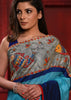 Blue chanderi saree with hand painted madhubani work in front & ikat patch on pallu