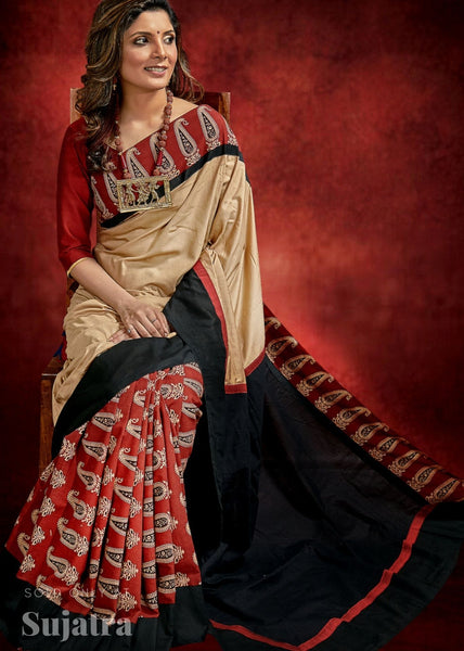 Ajrakh block print & beige semi silk comtbination saree