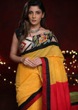 Saree - Combination Of Yellow & Red Chanderi Saree With Hand Batik Work In Front & Pallu