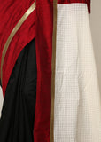 Saree - Red Slub Silk With Black Chanderi With Handloom White Pallu And Zari Border