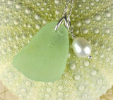 GENUINE Sea Foam Sea Glass Necklace With Wire Wrapped Pearl
