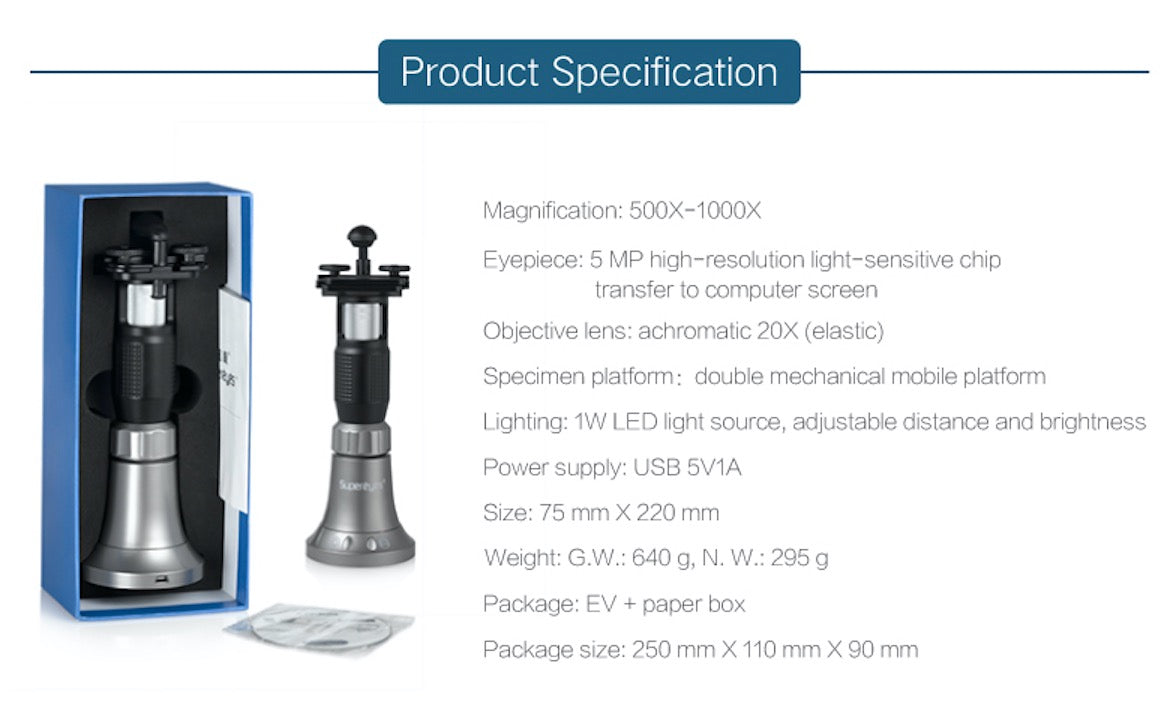 G001J USB Portable Digital Microscope 1000X 5MP Digital Biology Microscope Portable Handheld Manual Microscope