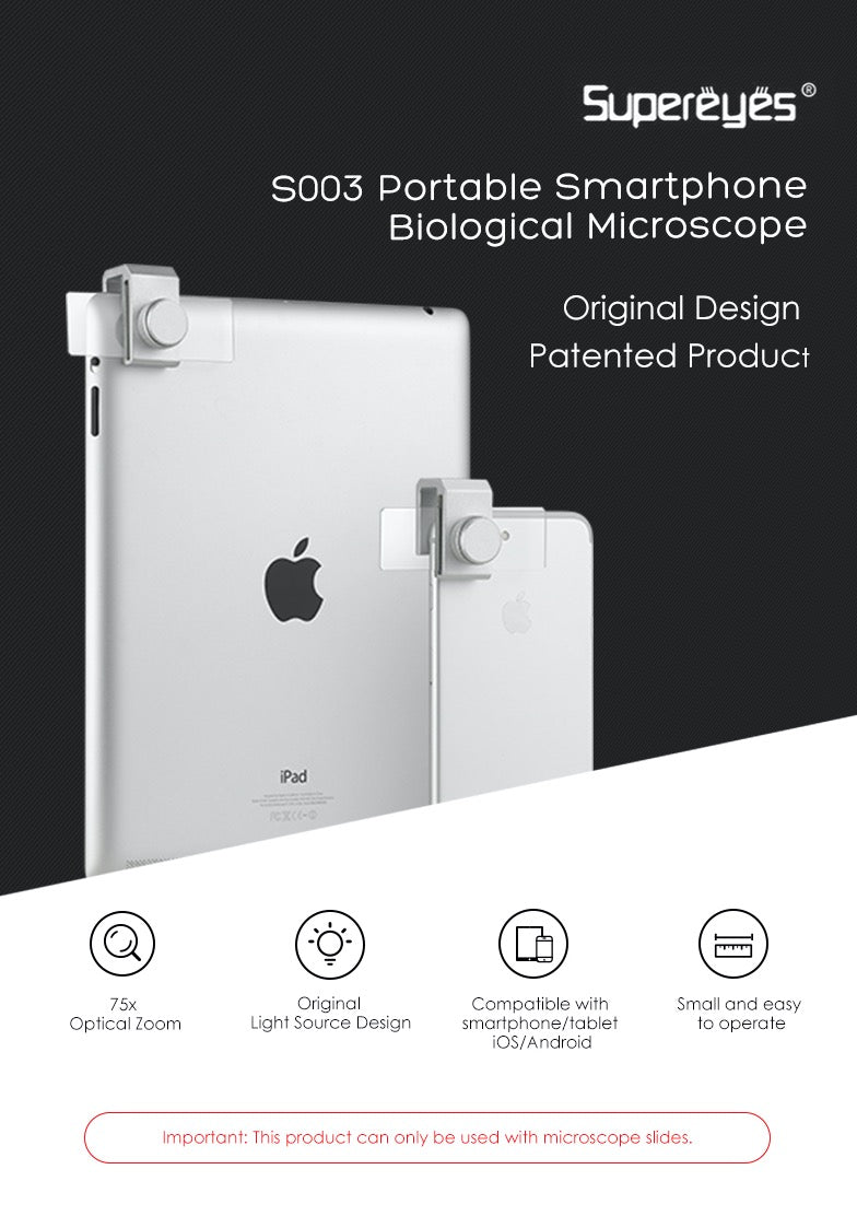 Supereyes S003 Portable Smartphone Biological Microscope for Smart Phones iPhone Samsung Tablets 