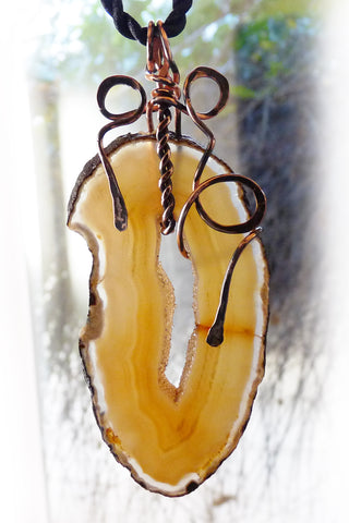amber agate druzy pendant necklace with copper wire wrapped setting statement jewelry art