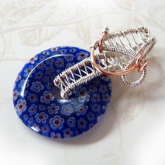 Rhonda Chase Design donut wire weave pendant in blue silver and copper, wire wrapped