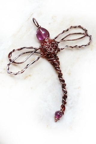 wire wrapped gemstone dragonfly in copper pendant jewelry