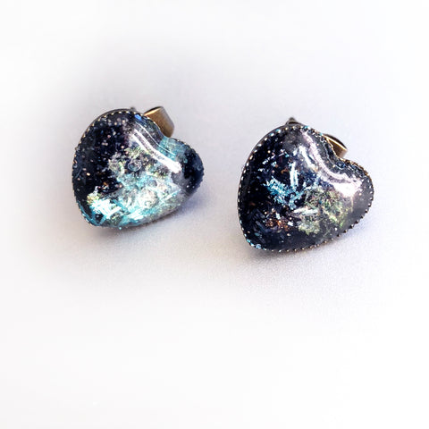 handmade resin heart post earrings black opal rhonda chase design