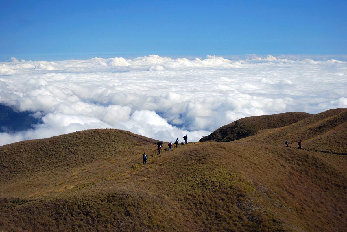 Group of friends hiking on a smooth mountain top above the clouds.
