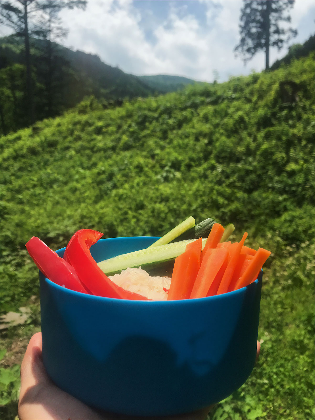 Backpacker holding backpacking cup full of sliced bell peppers, carrots, and cucumbers and other ingredients.