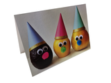 Cheeky, avocado, lemon and pear characters with party hats from Wee the Veggies