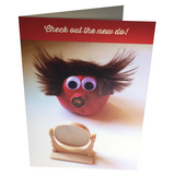 Greeting card called "New Do" showing pomegranate character with wild hair