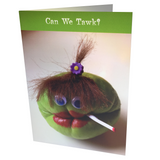 Greeting card with whimsical veggie character on front