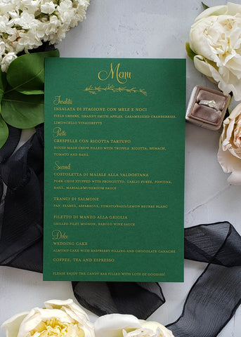 green and metallic gold wedding menu