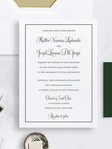 hunter green letterpress wedding invitation custom wedding