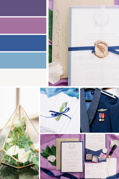purple and blue and gold wedding mood board