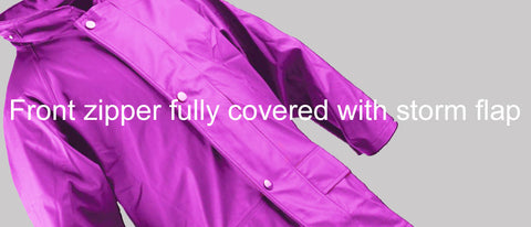 Raincoat with fron zipper and storm flap mechanism