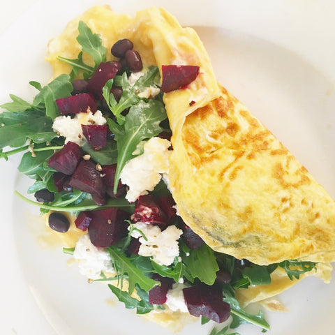healthy recipes by orli natural skincare and beauty australia omelette with beetroot, rocket, black beans and salted ricotta