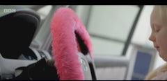 Barbie Pink fluffy steering wheel cover with little girl on Ali-A's supercharger