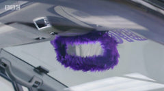 Purple fluffy rear view mirror cover on Ali-A's superchargers