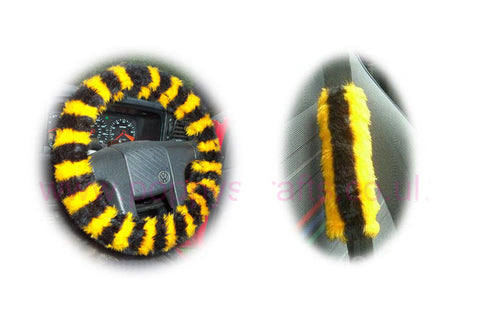 Busy Bumble Bee Striped fuzzy Car Steering wheel cover & matching faux fur seatbelt pad set