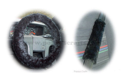 Black fluffy steering wheel cover and matching faux fur seatbelt pads