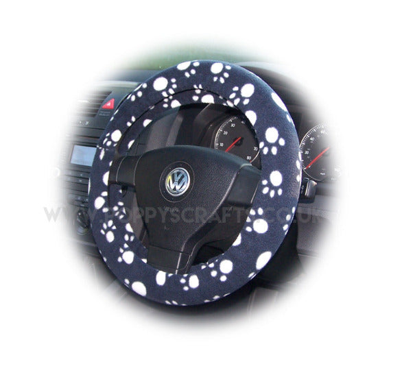 Black with white Paws paw print fleece car steering wheel cover - Poppys Crafts