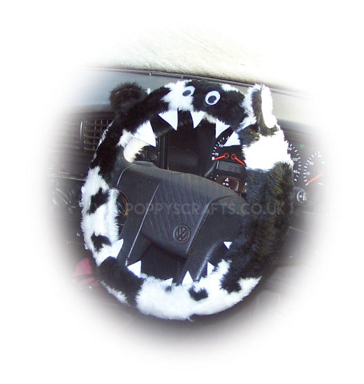 Black and white cow print faux fur fuzzy monster car steering wheel cover - Poppys Crafts