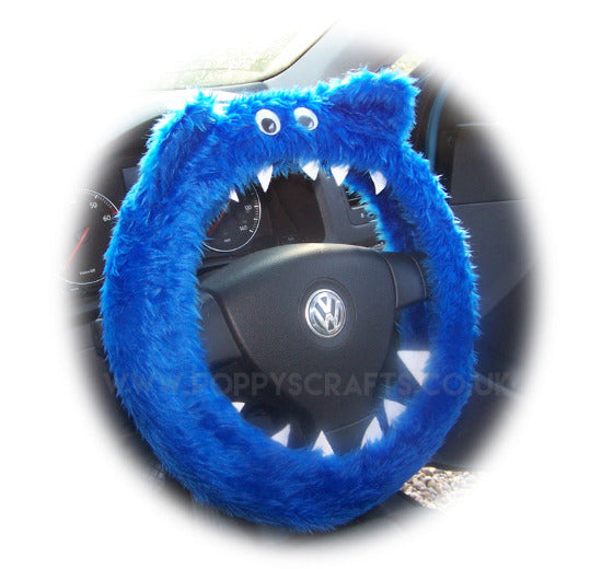 Royal Blue fluffy Monster car steering wheel cover with googly eyes, ears and teeth - Poppys Crafts