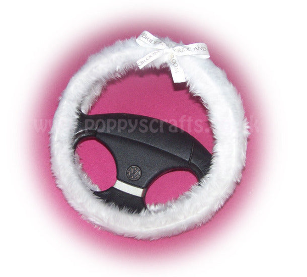 Bride & Groom Bow fluffy white wedding faux fur fuzzy car steering wheel cover - Poppys Crafts