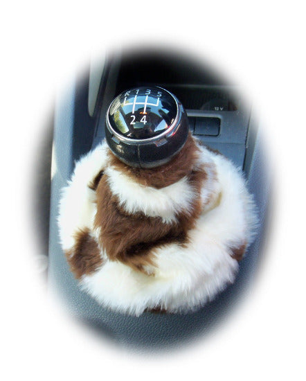 Brown and cream Cow print fuzzy gear stick gaiter cover - Poppys Crafts