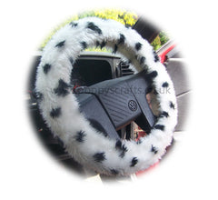 Black and white fuzzy Dalmatian spot car steering wheel cover - Poppys Crafts