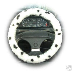 Dalmatian Spot fuzzy Car Steering wheel cover & matching faux fur seatbelt pad set - Poppys Crafts