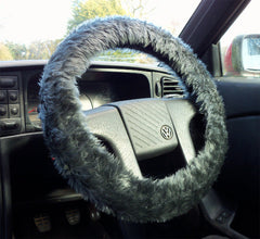 Fuzzy Dark Grey furry faux fur car steering wheel cover - Poppys Crafts
