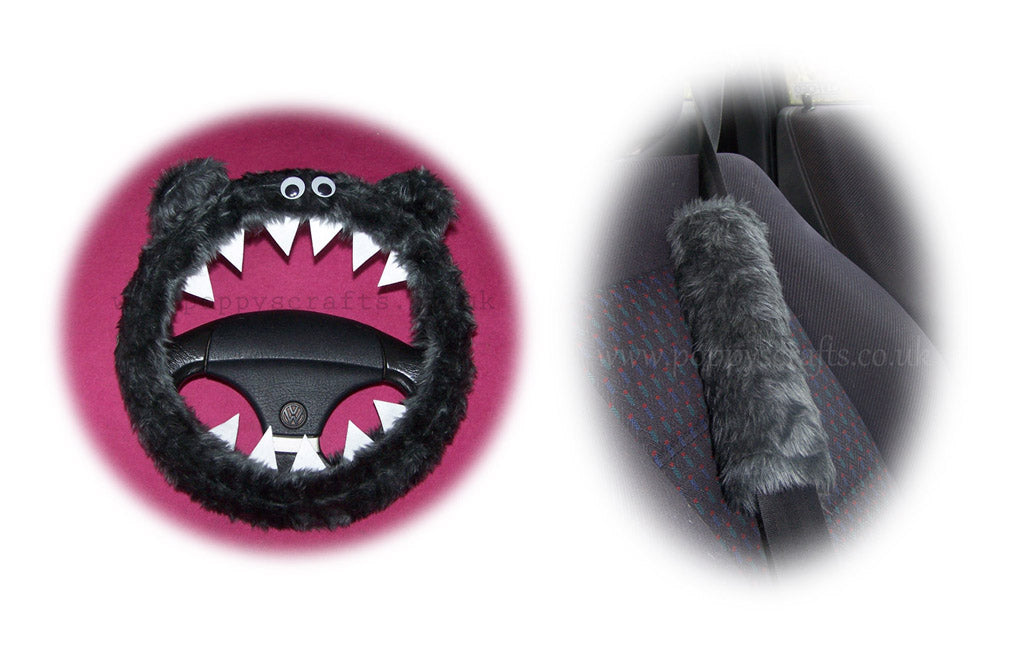 Fluffy Dark Grey Monster Car Steering wheel cover & fuzzy Dark Grey seatbelt pad set - Poppys Crafts