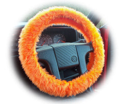 Bright Tangerine Orange Fuzzy faux fur car steering wheel cover - Poppys Crafts