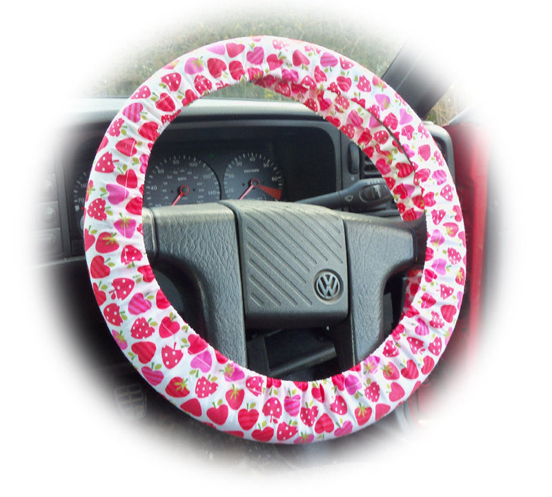 Pink and Red Strawberry print Cotton car steering wheel cover - Poppys Crafts