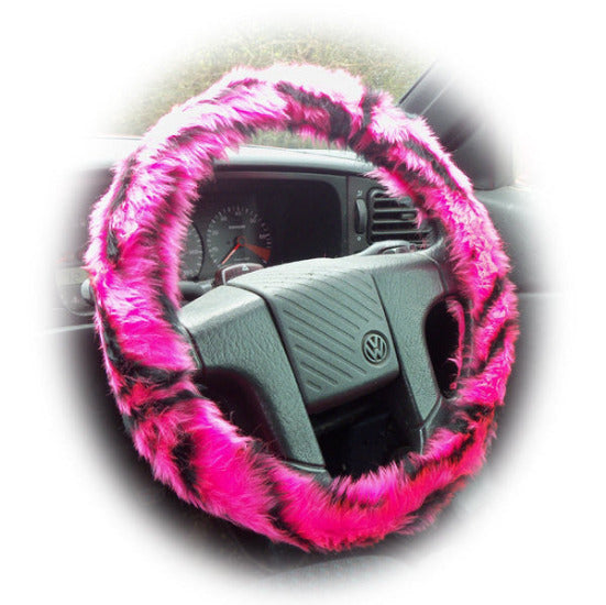 Pink and black tiger stripe fuzzy faux fur car steering wheel cover - Poppys Crafts