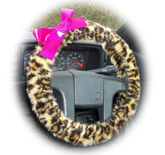 Leopard print steering wheel cover animal print faux fur with Choice of satin Bow - Poppys Crafts
