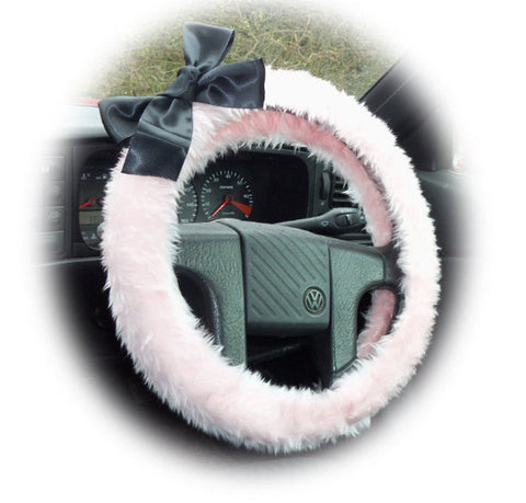 Cute and pretty fluffy Baby Pink faux fur fuzzy car steering wheel cover with black satin Bow