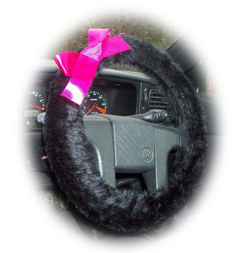 Pretty Black fluffy faux fur car steering wheel cover with Pink satin Bow fuzzy - Poppys Crafts