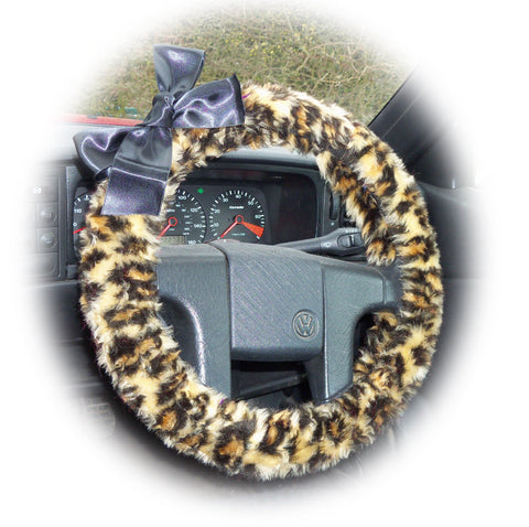 Leopard print fuzzy steering wheel cover with Black satin Bow