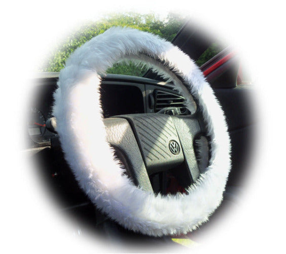 Pretty White fuzzy faux fur car steering wheel cover - Poppys Crafts