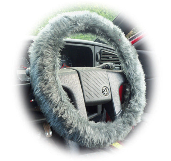 Fuzzy Dark Grey furry faux fur car steering wheel cover - Poppys Crafts