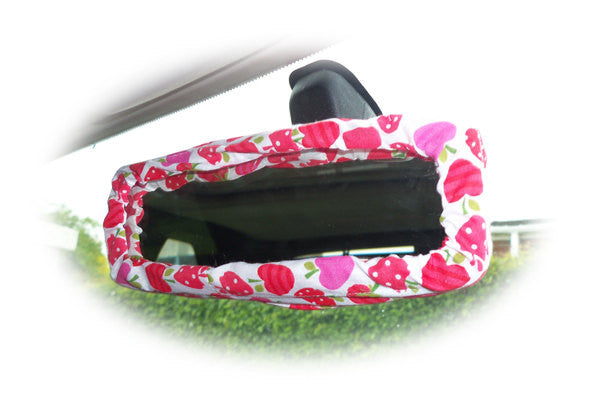 Pink and red Strawberry and apples cotton car rear view interior mirror cover - Poppys Crafts
